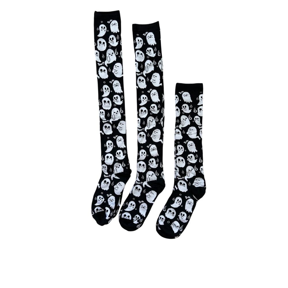 Ghost Socks 3 Pair Unisex Lot Black White Halloween Spooky Goth Tall Socks